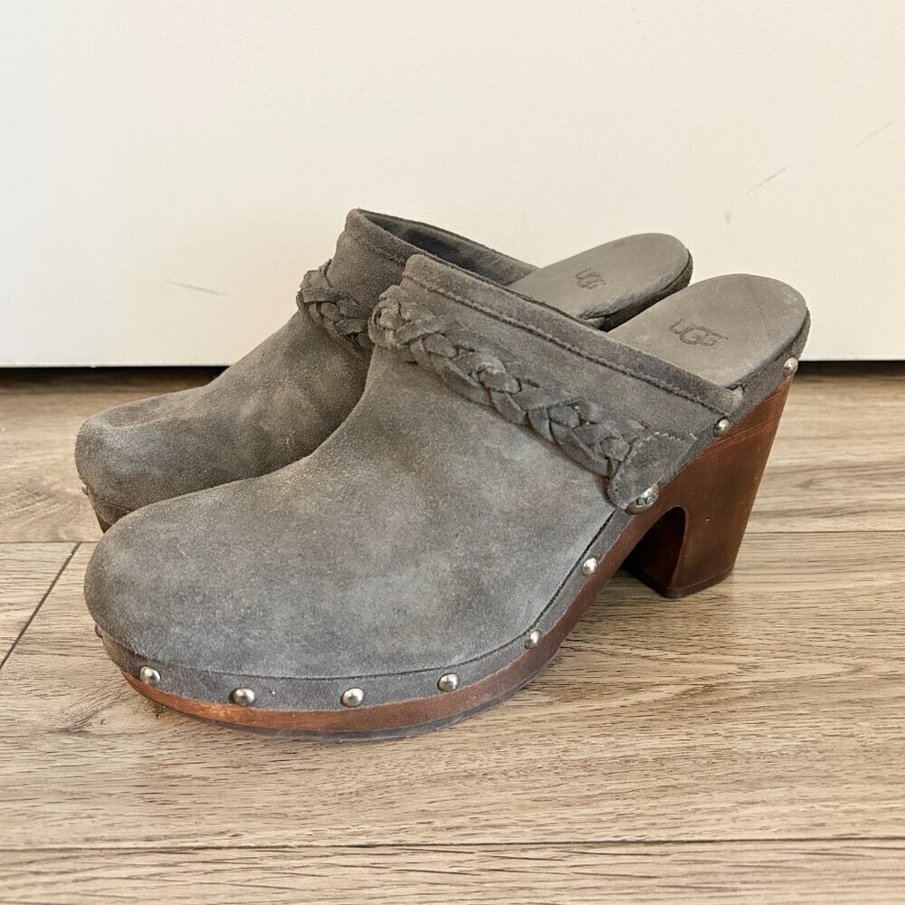 UGG Australia Dark Gray Fleece Kaylee Wooden Platform Clogs Size 9 - Picture 5 of 10
